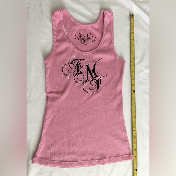 Y2k fmf light pink/black ribbed tank top with rhinestone accents. - Picture 1 of 3